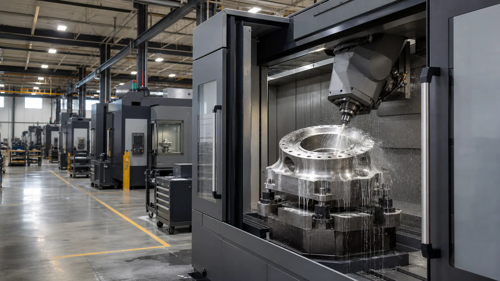 Five-axis machining center cutting a stainless steel housing under flood coolant at Brightwater Works