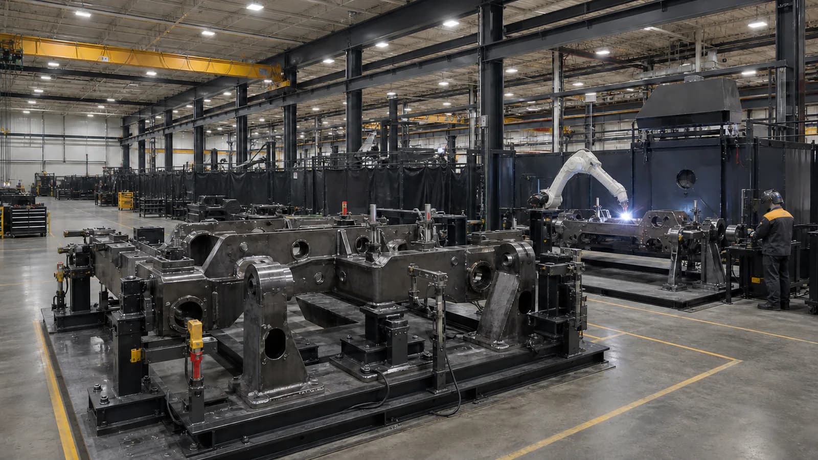 Wide fabrication bay with overhead cranes, robotic welding cells, and large steel structures in process