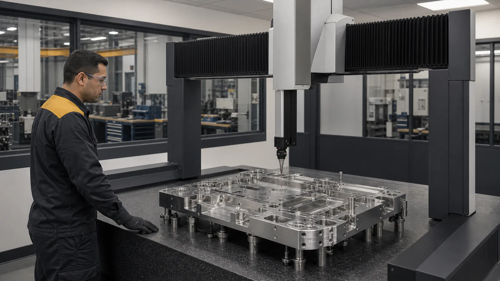 Climate-controlled metrology hall with coordinate measuring machines and toolmaking benches beyond