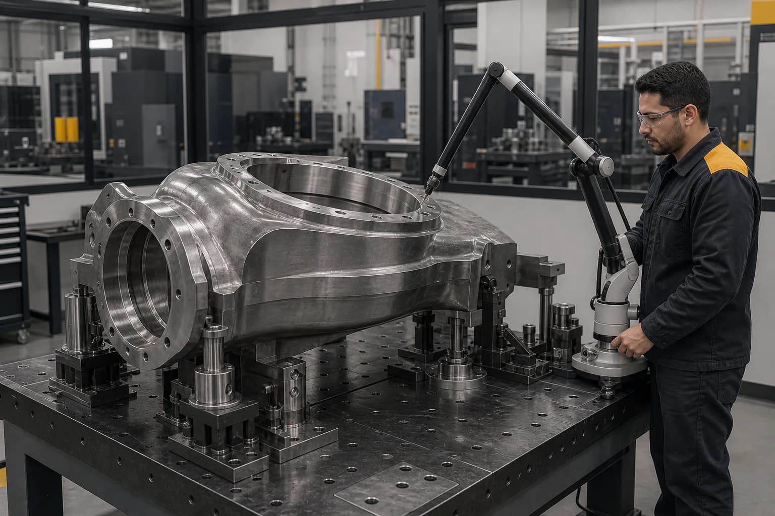 Machined geothermal turbine housing on an inspection fixture with measurement setup in place