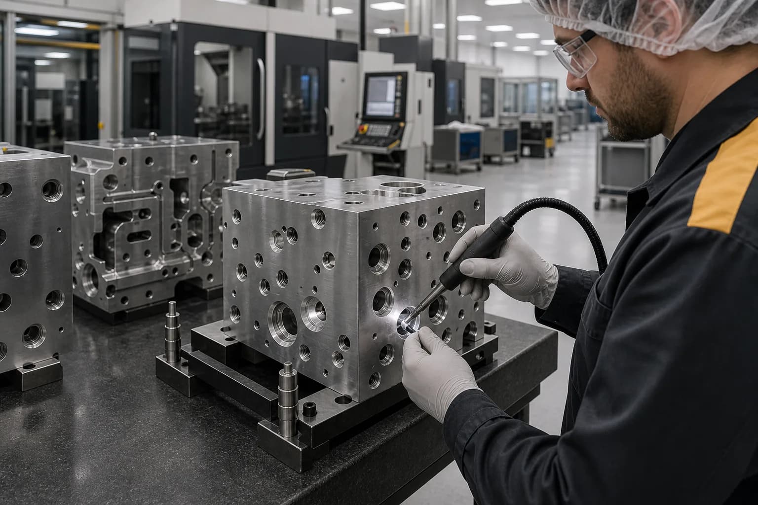 Machined aluminum hydraulic manifold block with drilled galleries and port faces on an inspection bench