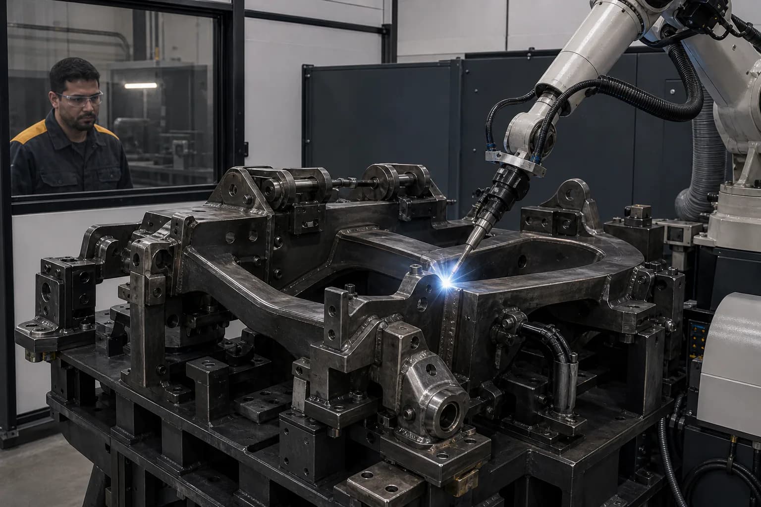Rail bogie frame in a welding fixture with sequence markings and a robotic torch in position