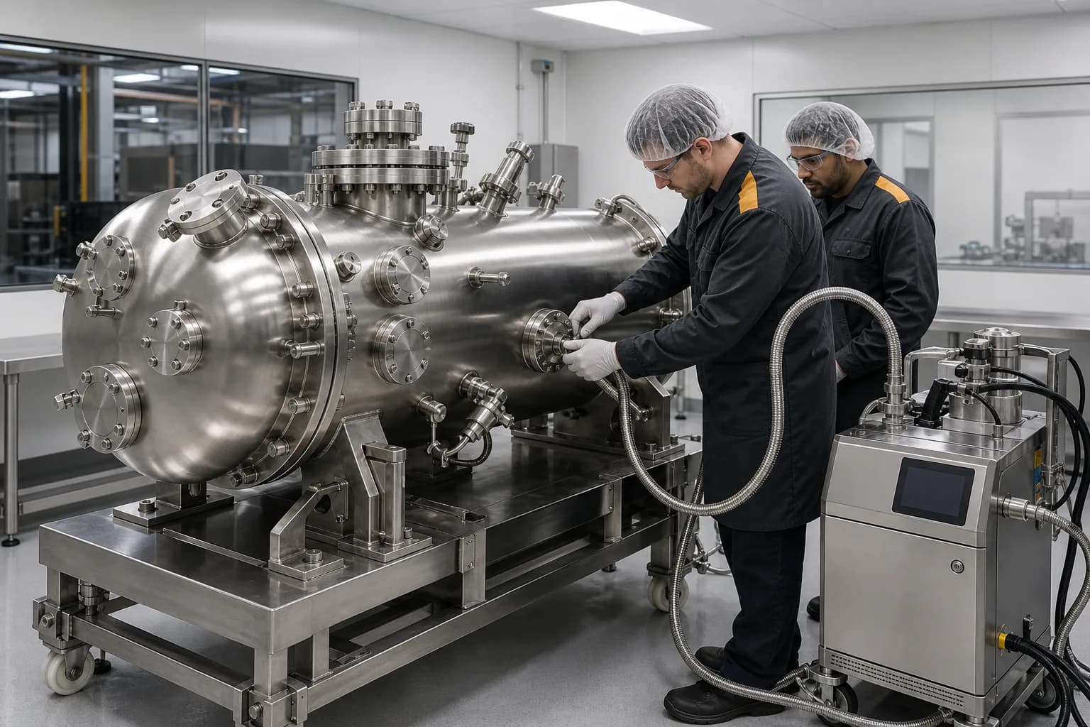 Stainless steel vacuum chamber assembly with helium leak test connections in a clean assembly room