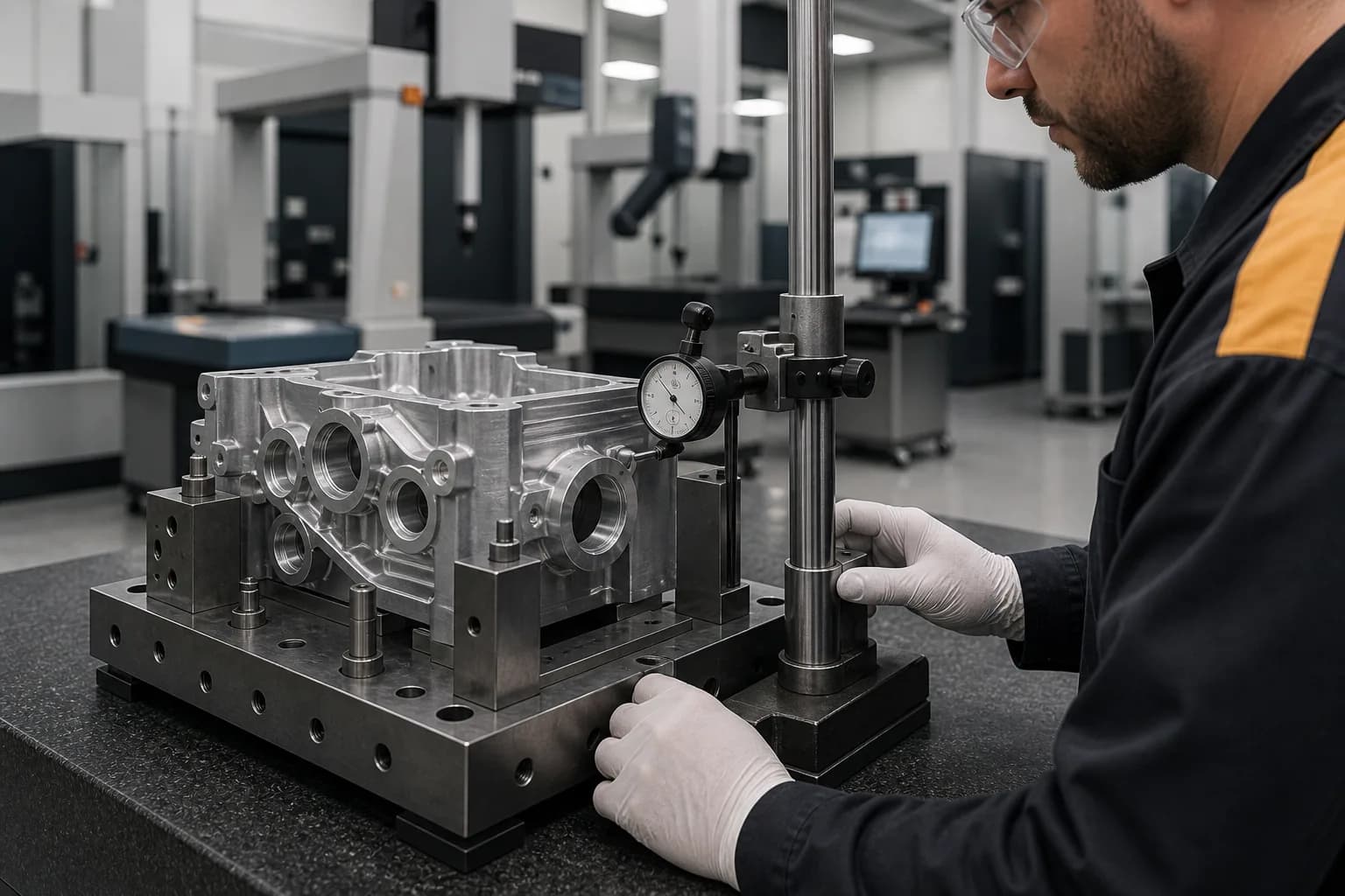 Metrology specialist sweeping a machined aluminum housing datum face with a dial-test indicator in the Ostmark inspection hall