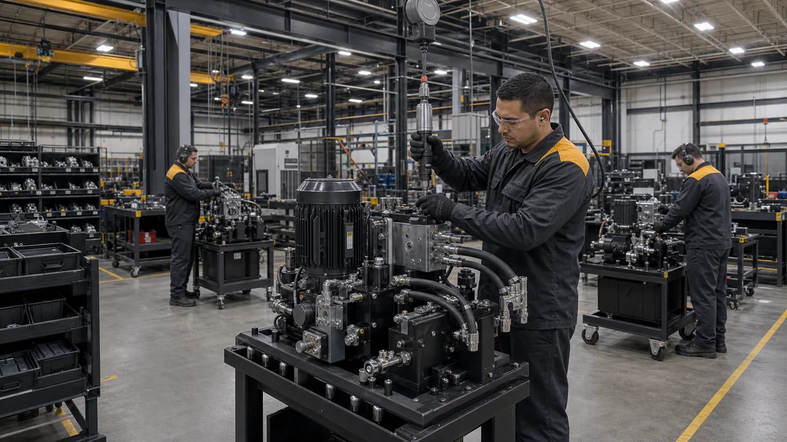 Assembly cells with technicians building hydraulic modules, overhead torque tooling, and line-side parts supermarket