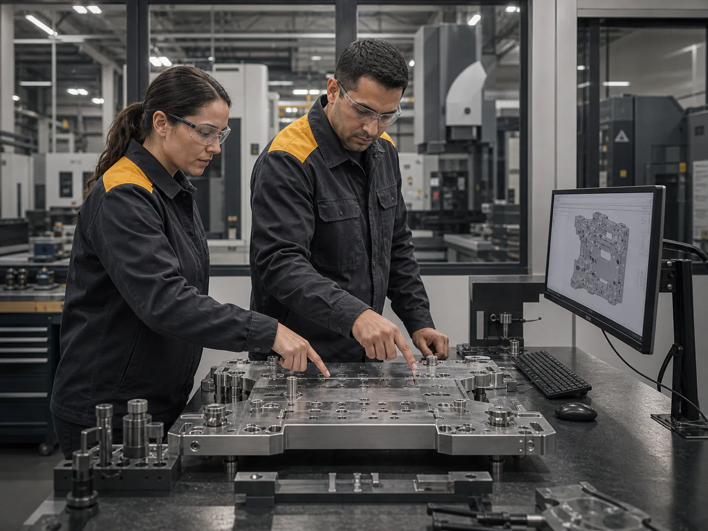 Manufacturing engineers reviewing a fixture design and tolerance stack at a shop-floor workstation